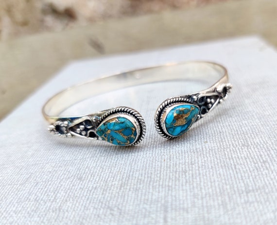 Handmade Blue Copper Turquoise .925 Silver Bangle Bracelet - Etsy Handmade Blue Copper Turquoise .925 Silver Bangle Bracelet - Etsy