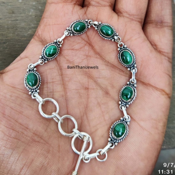 Handmade Malachite 925 Silver Bracelet, Adjustable Gemstone