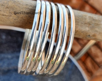 Sterling Silver Bangle Set - 7 Plain Bangles - Women's Jewelry