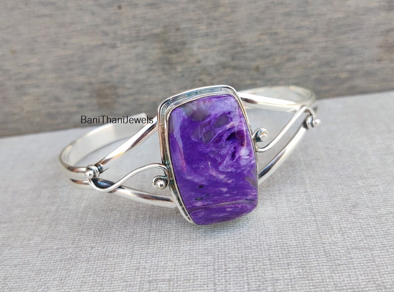 Charoite Bangle, Handmade Bangle, Gemstone Bracelet, 925 Silver Sterling Bangle, Charoite Jewelry, Adjustable Bracelet, Silver Bracelet image 1