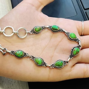 Green Copper Turquoise Bracelet, 925 Sterling Silver Bracelet, Silver Jewelry, Turquoise Jewelry, Turquoise Bracelet, Adjustable Bracelet