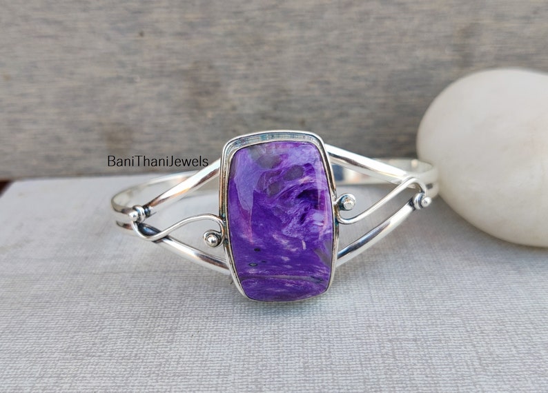 Charoite Bangle, Handmade Bangle, Gemstone Bracelet, 925 Silver Sterling Bangle, Charoite Jewelry, Adjustable Bracelet, Silver Bracelet image 5