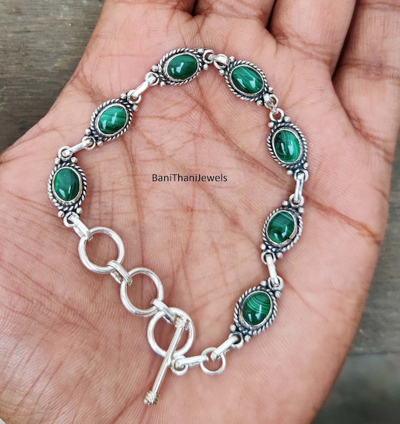 Handmade Malachite 925 Silver Bracelet, Adjustable Gemstone