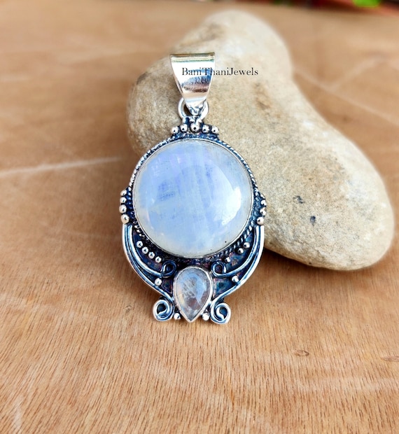 Pendentif Pierre De Lune Naturelle En Argent 925 – Forme Goutte, Fait Main En Inde – Neuf Sans Emballage