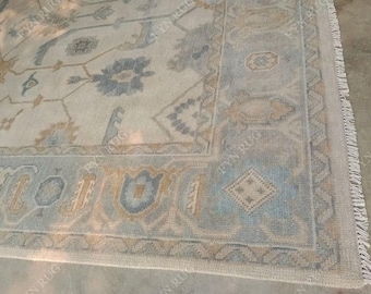 May include: A rectangular area rug with a light blue and beige floral pattern. The rug has a border with geometric shapes and a fringe along one edge. The design includes floral and geometric elements.