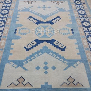 Modern Beige Blue Antique Oushak Hand Knotted Rugs, Handmade Rugs for Living Room-Antique rug, guest room/For Bedroom/Guest Room-Hurry Up!!