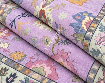 Lavender Oushak Rug, Pastel Turkish Style Rug, Handwoven Vintage Oushak Carpet, Floral Abstract Area Rug, Decorative Living Room Rug.