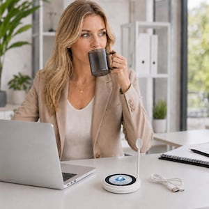 May include: A white circular mug warmer with a central heating plate featuring a blue logo and the text HEXAGON ALKALINE WATER. It includes a vertical white spoon rest attachment, a white USB power cable, and a dark grey translucent glass mug.