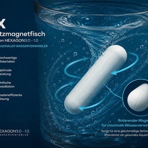 Puede incluir: Un agitador magnético cilíndrico blanco para el dispositivo de vórtice de agua HEXAGON3.0 - 1.0, sumergido en un vaso de agua arremolinada. La imagen incluye etiquetas de texto que detallan características como materiales de calidad.