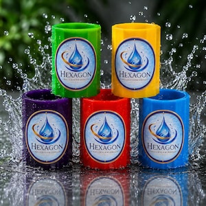 Può includere: Cinque dispositivi cilindrici a vortice d'acqua in verde, giallo, viola, rosso e blu. Ogni unità presenta un'etichetta centrale con un grafico a goccia d'acqua blu, accenti dorati e il testo HEXAGON WASSERVERWIRBELER, circondati da spruzzi d'acqua.
