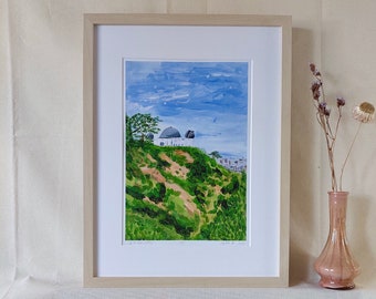 May include: A framed watercolor painting of a white building with a dome on a green hill. The sky is blue with white clouds. The painting is signed "Sophia B. 2022".