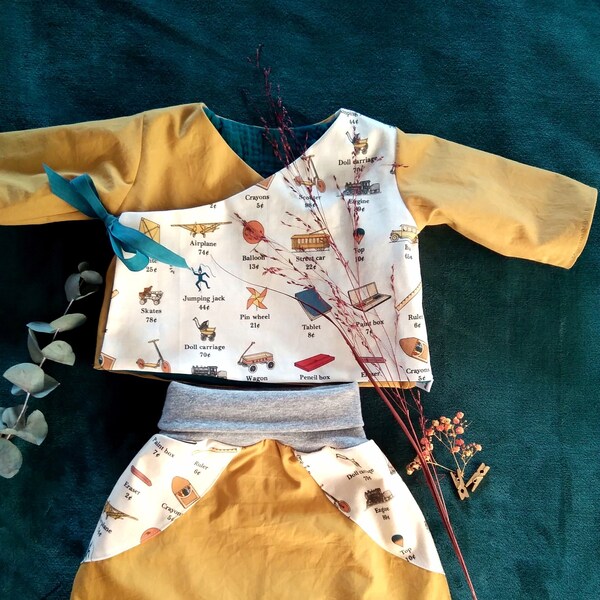Style rétro et ecoresponsable. Ensemble kimono/ sarouel bébé entièrement doublé. Taille 3 mois. Tissu motif upcyclé. Coton léger été.