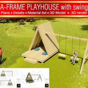 Puede incluir: Una casa de juegos de madera en forma de A con un columpio. La casa de juegos tiene una pequeña plataforma de madera y un techo a dos aguas. El columpio tiene dos asientos y está hecho de madera. La casa de juegos y el columpio están en un área cubierta de hierba.