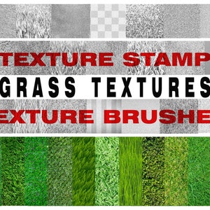 May include: An image displaying a variety of grass textures and brushes. The top section shows grayscale textures, while the bottom presents different shades of green grass. The text includes "TEXTURE STAMP", "GRASS TEXTURES", and "TEXTURE BRUSHES" in red and black.