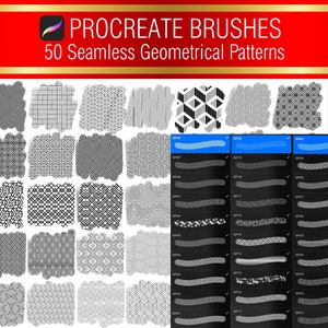 May include: A set of 50 Procreate brushes featuring seamless geometrical patterns. The brushes are displayed in a grid with a preview of each brush's pattern. The brush names are listed on the right side of the image.
