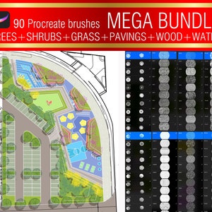 May include: A set of 90 Procreate brushes for digital art, featuring trees, shrubs, grass, paving, wood, and water textures. The brushes are organised into categories and displayed in a grid format.