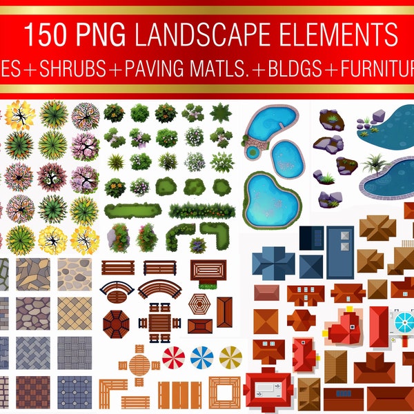 Landscape Design Elements Bundle, Outdoor Furniture, Paving material, Plants, Trees, Landscape design, Landscape design Templates,