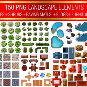 Landscape Design Elements Bundle, Outdoor Furniture, Paving material, Plants, Trees, Landscape design, Landscape Plan, Landscape Templates