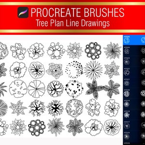 May include: A set of 25 black and white line art tree plan drawings for use with the Procreate app. The drawings are in a variety of styles, including circular, starburst, and leaf shapes.