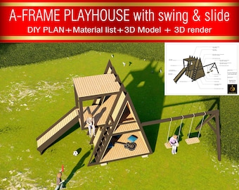 Pode incluir: Representação 3D de uma casa de brincar em forma de A com baloiço e escorrega. A casa de brincar tem um deck de madeira, um escorrega e um baloiço. O texto na imagem diz "A-FRAME PLAYHOUSE with swing & slide" e "DIY PLAN+Material list+3D Model + 3D render."