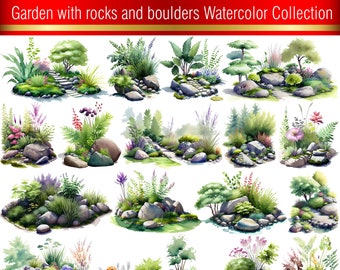 35 Watercolor Rocks & Boulders Clipart | Summer Garden PNG Illustrations (Digital Download)