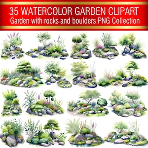 Aquarell Garten Clipart: Sommerlandschaft mit Steinen (PNG)
