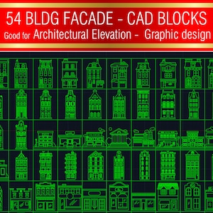 Può includere: Una griglia di 54 blocchi CAD di facciate architettoniche verdi su sfondo nero. Il testo in alto recita "54 BLDG FACADE - CAD BLOCKS" e "Good for Architectural Elevation - Graphic design". Gli edifici sono in stile disegno a linea.
