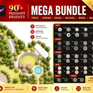 Op de afbeelding: Een digitaal product voor een mega-bundel met 90+ Procreate-penselen voor bomen, struiken, gras, bestrating, hout en water. De afbeelding toont een bovenaanzicht van een landschapsarchitectuurplan en een raster met gelabelde penseelvoorbeelden.