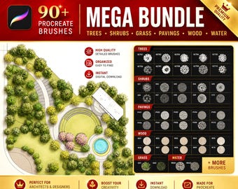 Pode incluir: Um produto digital que oferece um pacote de mais de 90 pincéis para Procreate com texturas de árvores, arbustos, relva, pavimentos, madeira e água. A imagem mostra uma planta arquitetónica paisagista e uma grelha de amostras de pincéis.