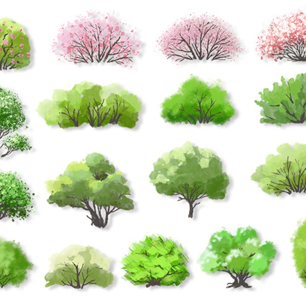 Colorful Bushes Clipart, Shrub Digital Greenery, Summer Plant, Watercolor Illustration, iPad drawing templates, Landscape  Plants