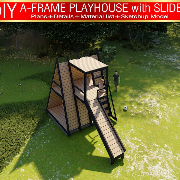 A-Frame Kids Playhouse with slide DIY plans, DIY plan Children Playhouse with slide, Playhouse plans, Triangular frame, Playhouse DIY