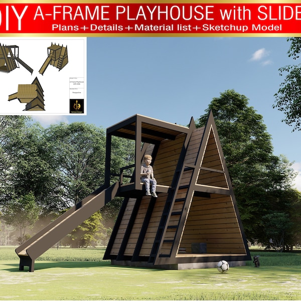 16 X 9 feet A-Frame Kids Playhouse with Slide DIY Plan , DIY kit Children Playhouse, Playhouse DIY plan, Kid's Play structure, A-Frame plans