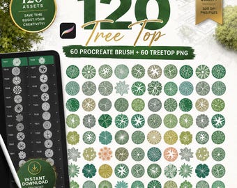 Pode incluir: Uma coleção digital de 120 recursos de copas de árvores, incluindo 60 pincéis Procreate e 60 arquivos PNG. O conjunto apresenta várias ilustrações circulares de folhagens em tons de verde, bronze e laranja, exibidas em uma tela de tablet.