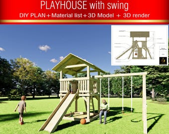 Kids Wooden Playhouse with Swing, Slide & Climbing Wall (DIY Plan)