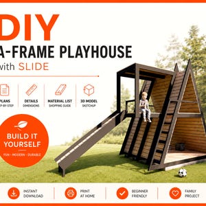 Könnte beinhalten: DIY A-Rahmen Spielhaus mit Rutsche. Das Bild zeigt ein Holzspielhaus mit Rutsche, entworfen für Kinder. Das Spielhaus hat eine A-Rahmen-Struktur mit einer Leiter und einem kleinen Fußball. Text beinhaltet "Selber bauen" und "Anfängerfreundlich".