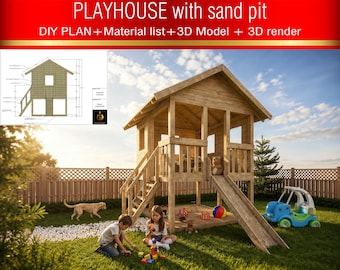 Projetos fáceis de casinha de brincar infantil em PDF | Playground moderno para quintal com lista de materiais