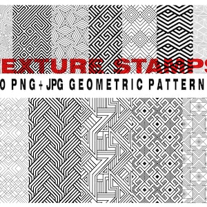May include: A set of 50 black and white geometric patterns. The patterns are made up of lines and shapes, and they are arranged in a grid. The text "TEXTURES STAMPS 50 PNG + JPG GEOMETRIC PATTERNS" is at the top of the image.