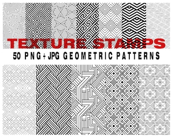 Pode incluir: Um conjunto de 50 padrões geométricos em preto e branco. Os padrões são compostos por linhas e formas, e estão dispostos em uma grade. O texto "TEXTURES STAMPS 50 PNG + JPG GEOMETRIC PATTERNS" está na parte superior da imagem.