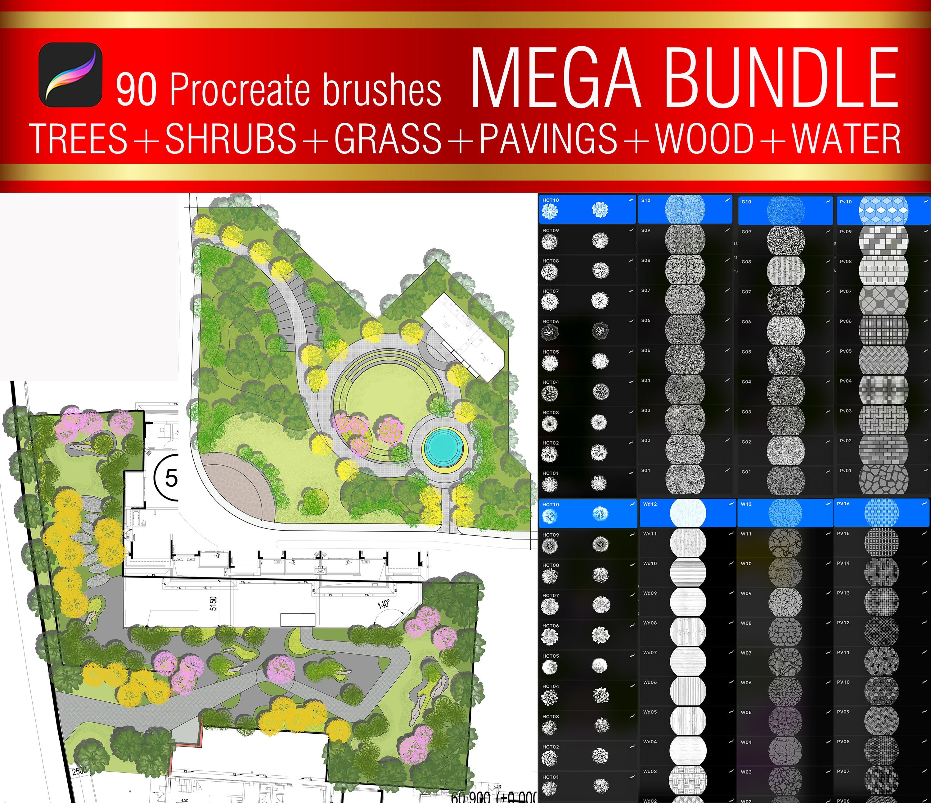 Procreate Landscape Brush Set 4: Tree Stamps, Grass, Shrubs & Paving Brushes