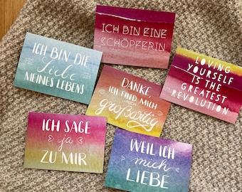 Self-love, self-care & motivation postcard set with positive affirmations | Gift, everyday inspiration | Colorful watercolor design