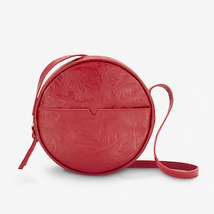 Runde Blume Rot Leder HAPPY PILL Crossbody, Lederhandtasche mit Reißverschluss, langer verstellbarer Riemen