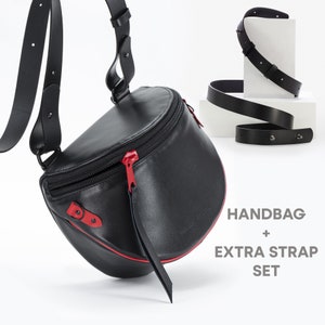 MONKEY Black and red leather Crossbody and Waist Bag in one + EXTRA STRAP, Belt bag with extra strap. Free shipping!