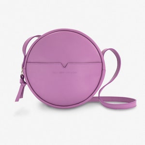 Round Light Pink leather HAPPY PILL crossbody, zipped leather handbag, adjustable strap
