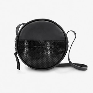 Round Black and Shiny Black leather HAPPY PILL crossbody, zipped leather handbag, adjustable strap