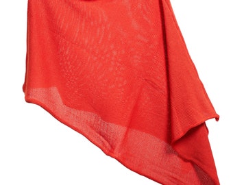 Poncho de punto de algodón hecho a mano: chal versátil de color rojo anaranjado, hecho en el Reino Unido