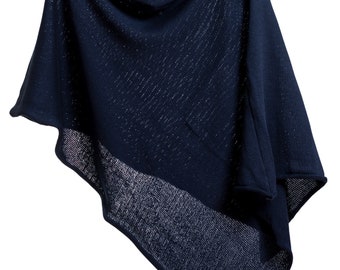 Handcrafted Cotton Knit Poncho: Navy Blue Versatile Shawl, Made in UK