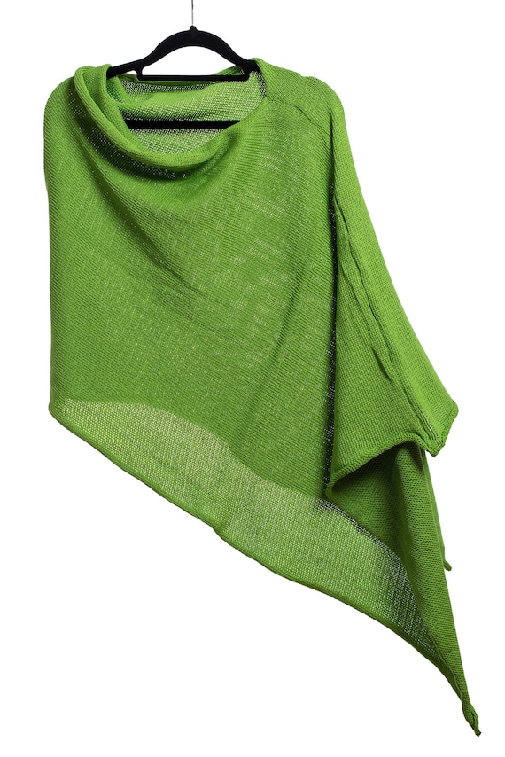 Apple Green hundred percent  heavy  Cotton Knitted Poncho: Versatile Handcraft Made in UK