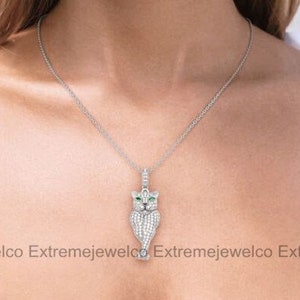 Leopard Necklace, Wedding Pendant, Pendant Without Chain, 14K White Gold Necklace, 1 Ct Emerald Diamond Necklace, anniversary Pendant image 4