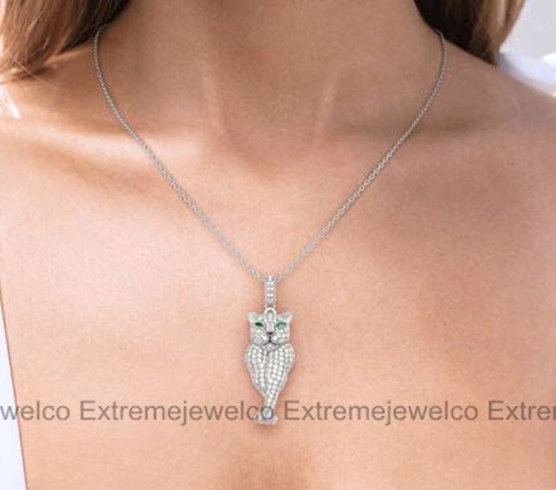 Leopard Necklace, Wedding Pendant, Pendant Without Chain, 14K White Gold Necklace, 1 Ct Emerald Diamond Necklace, anniversary Pendant image 4