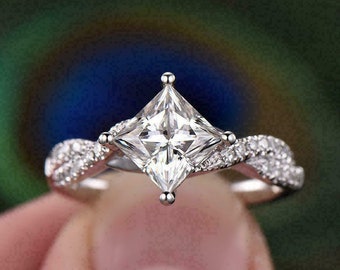14K Weißgold, einzigartiger Twist Diamantring, 2,01 Karat Prinzessin Diamant, schöner Swirl Diamant Jahrestag Ring, Geschenk für Frauen, Ehering